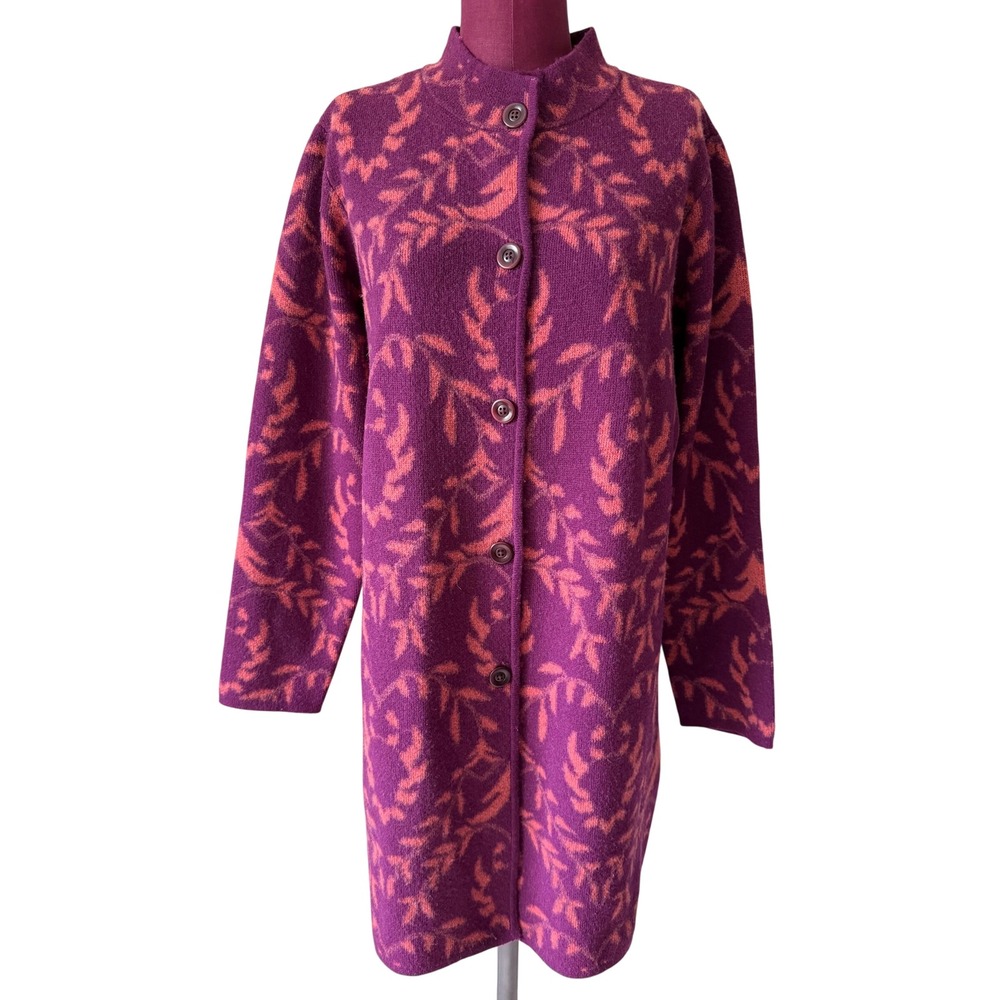 Sundance Cardigan Coat Merino Wool Blend Button Front Jacquard Purple Pink Large - Picture 2 of 8